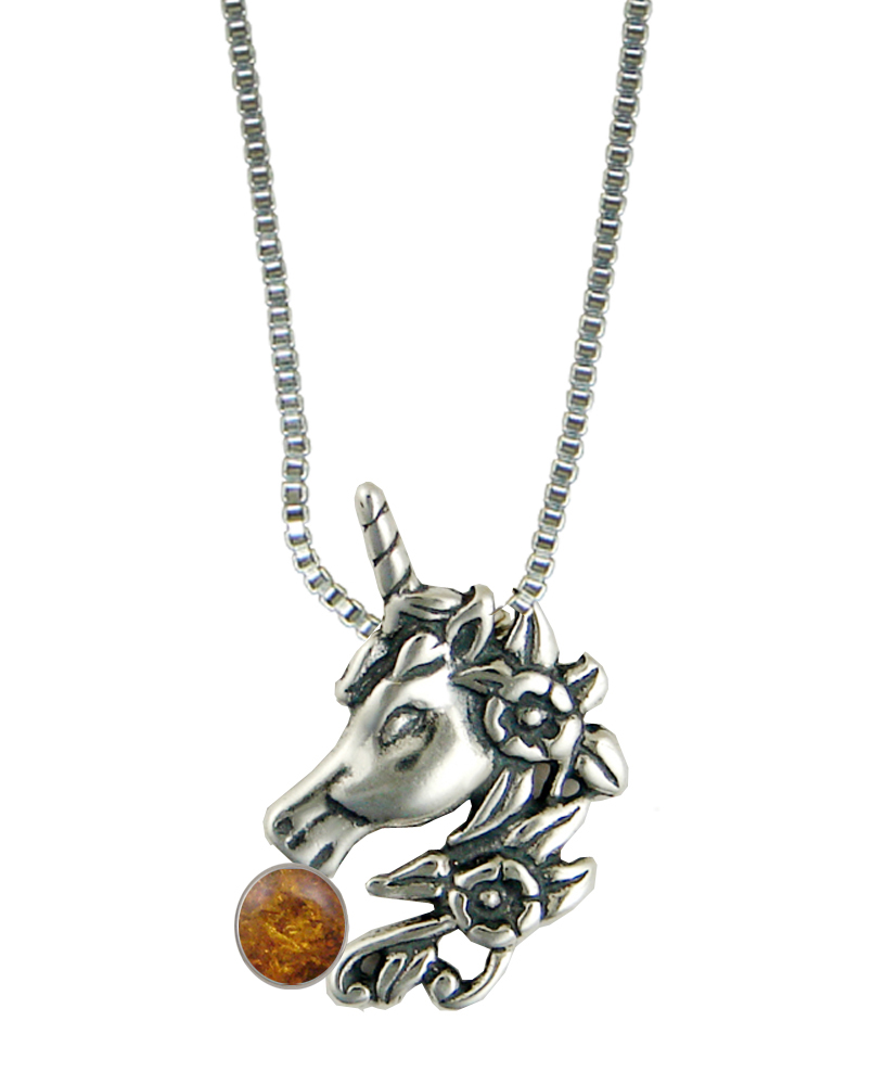 Sterling Silver Unicorn of the Summer Day Pendant With Amber